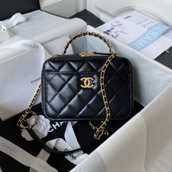 CHANEL Shiny Calfskin Quilted Top Handle Vanity Black Sold Out CHB011