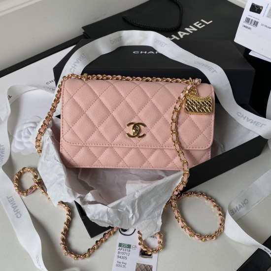  CHANEL Caviar 23S - Wallet On Chain WOC Quilted Grained Calfskin Sakura Pink Golden Hardware CHB015