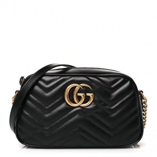 GUCCI Calfskin Matelasse Small GG Marmont Chain Shoulder Bag Black GUB058