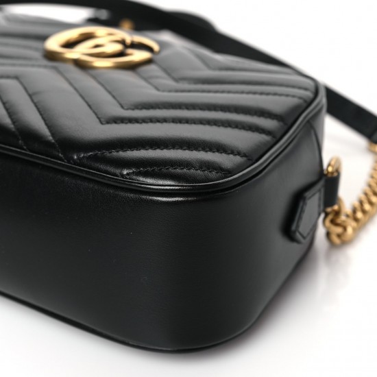 GUCCI Calfskin Matelasse Small GG Marmont Chain Shoulder Bag Black GUB058