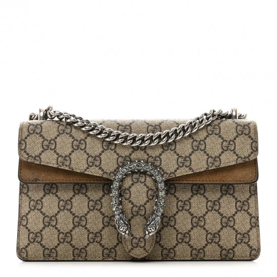 GUCCI GG Supreme Monogram Suede Crystal Small Dionysus Shoulder Bag Beige Ebony Taupe GUB060