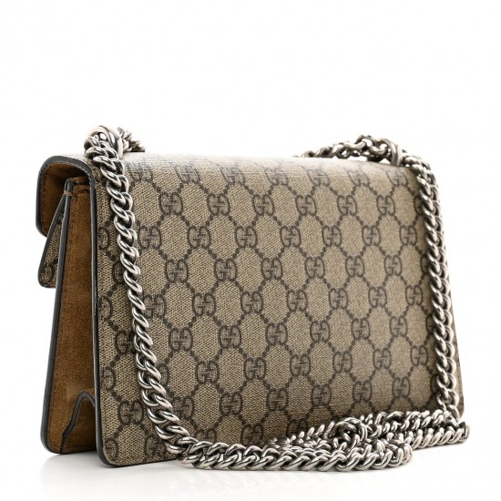 GUCCI GG Supreme Monogram Suede Crystal Small Dionysus Shoulder Bag Beige Ebony Taupe GUB060