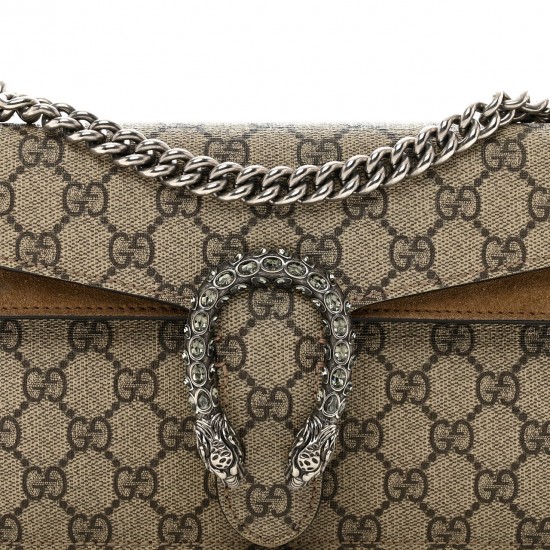 GUCCI GG Supreme Monogram Suede Crystal Small Dionysus Shoulder Bag Beige Ebony Taupe GUB060